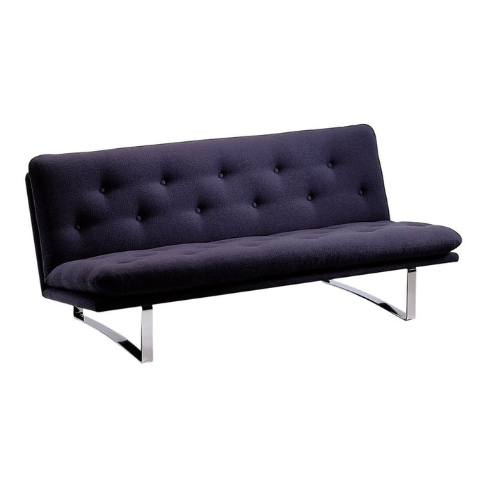 Dark navy blue tufted fabric sofa with sleek chrome legs and a modern design. Perfect for contemporary spaces.