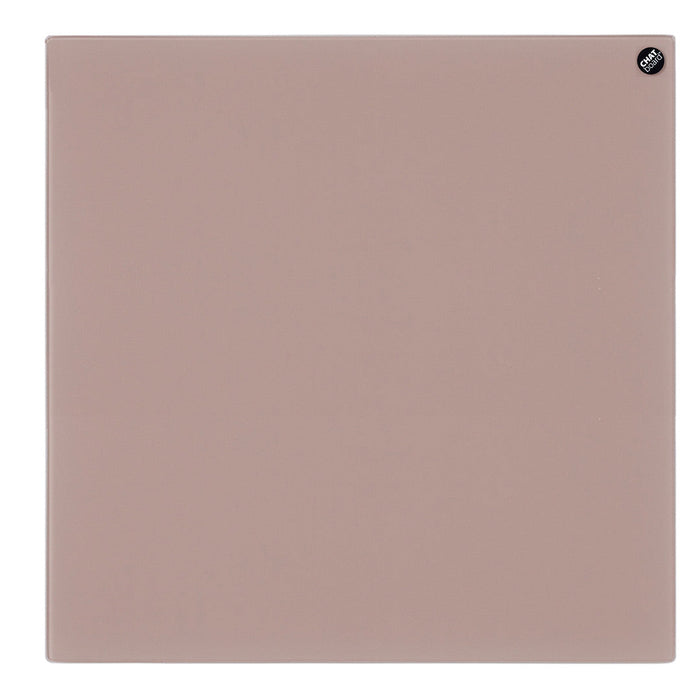 Solid dusty rose square with a smooth surface and subtle sheen, featuring a small black logo in the corner.