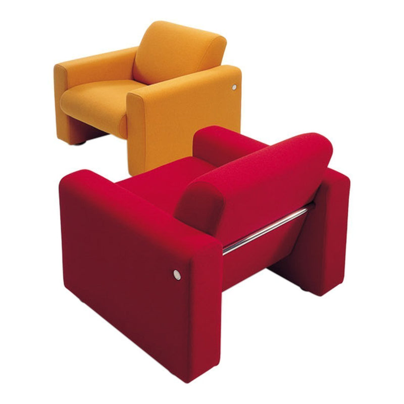 "Vibrant yellow and bold red modern armchairs with a minimalist design, perfect for contemporary decor."