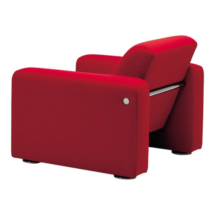Vibrant red, modern armchair with a sleek, minimalist design and smooth fabric upholstery.