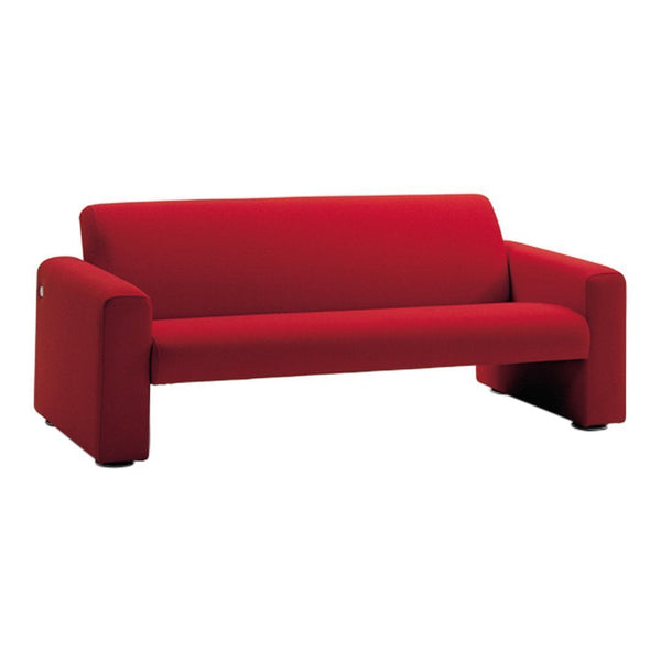 Vibrant red modern sofa with a sleek, minimalist design and smooth fabric upholstery. Perfect for contemporary spaces.
