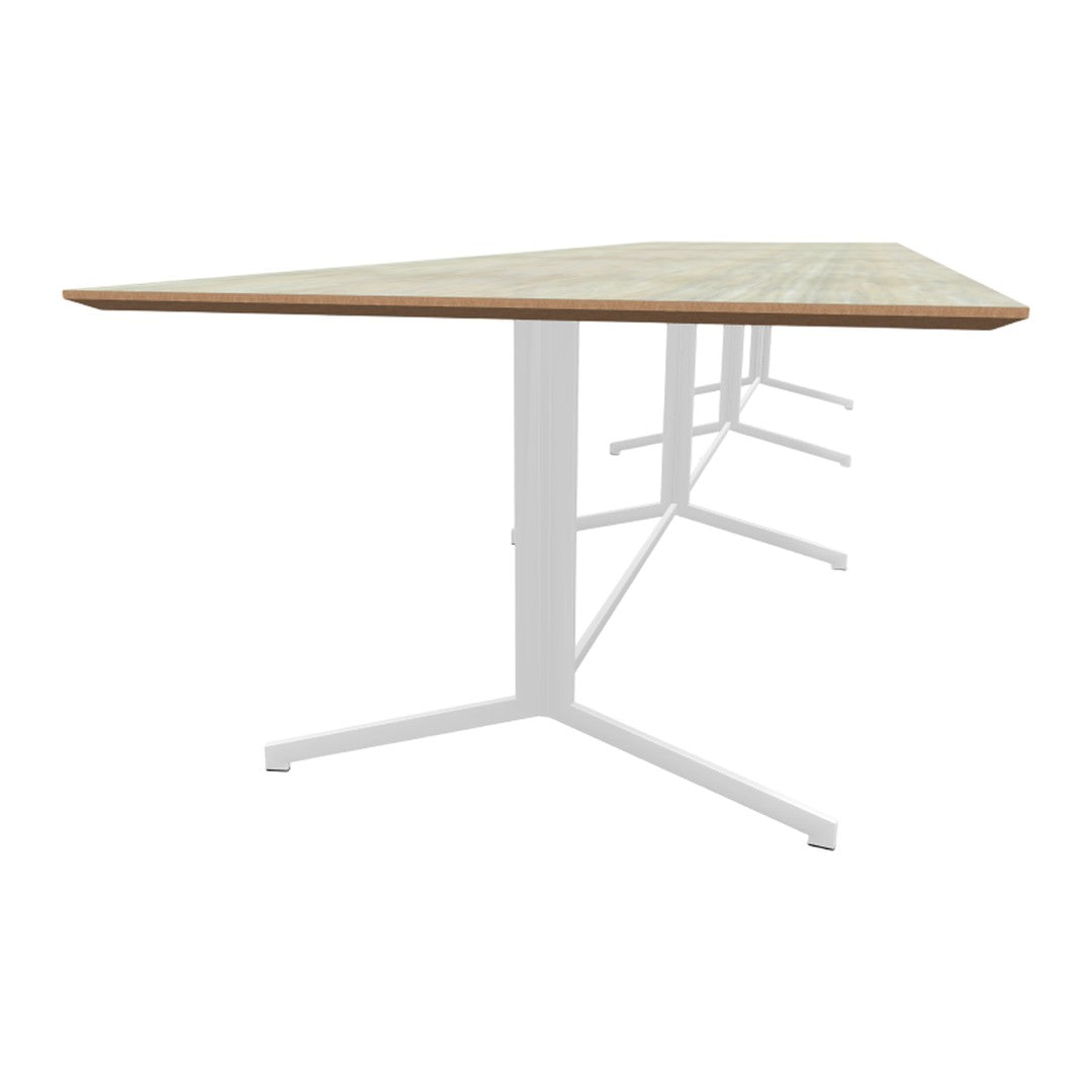 Light wood tabletop with a natural grain and white metal legs, providing a modern and minimalist design.