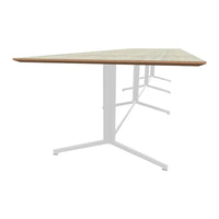 Light wood tabletop with a natural grain and white metal legs, providing a modern and minimalist design.