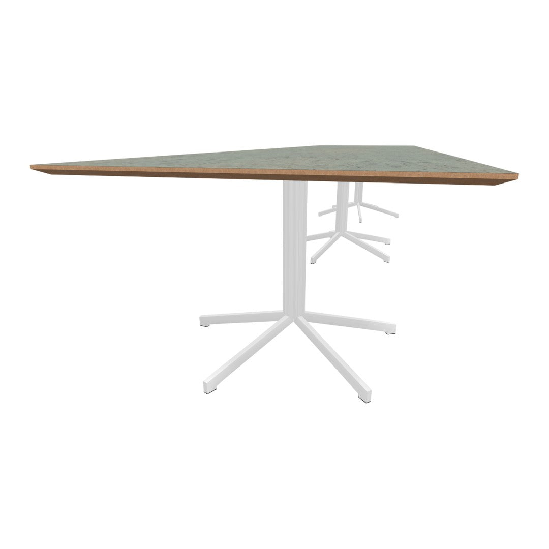 Triangular table with a textured green surface and natural wood edge, paired with a sleek white metal base.