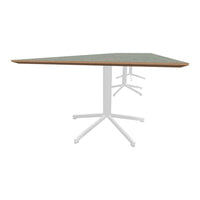Triangular table with a textured green surface and natural wood edge, paired with a sleek white metal base.