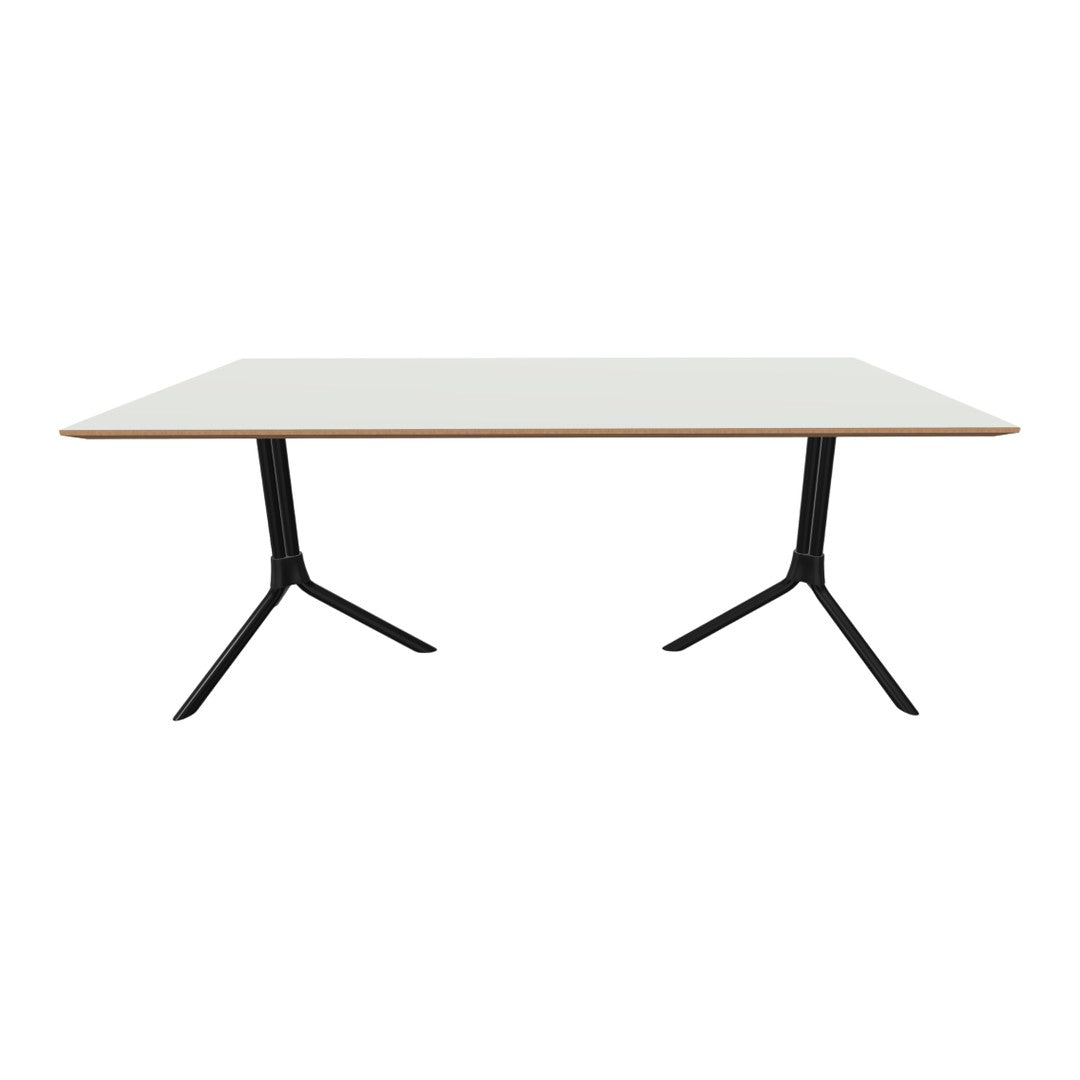 Modern white table with a natural wood edge and sleek black metal legs, perfect for a minimalist decor.