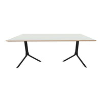 Modern white table with a natural wood edge and sleek black metal legs, perfect for a minimalist decor.