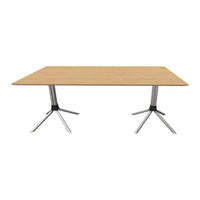 Light wood tabletop with a natural finish and sleek chrome legs, featuring a modern, minimalist design.