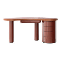 "Modern oval desk in warm terracotta with wood grain pattern and cylindrical storage unit."