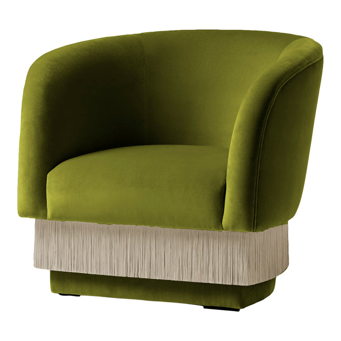 Olive green velvety armchair with a textured beige fringe base, perfect for adding colorful elegance to any space.