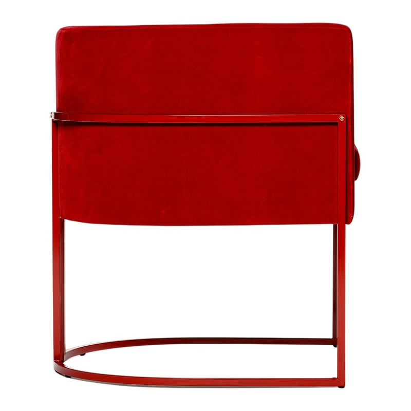 "Vibrant red velvet chair with a sleek metal frame, showcasing a modern and minimalist design."