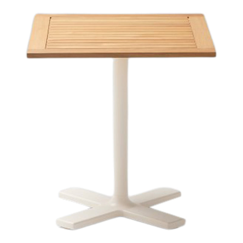 Light wooden slatted tabletop with a smooth white base, perfect for modern outdoor settings.