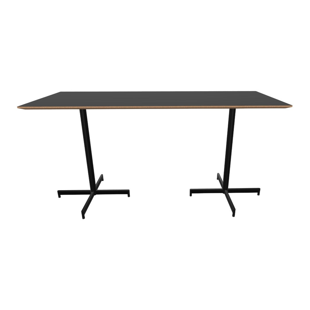 Modern black tabletop with natural wood edges and sleek black metal legs, perfect for contemporary spaces.