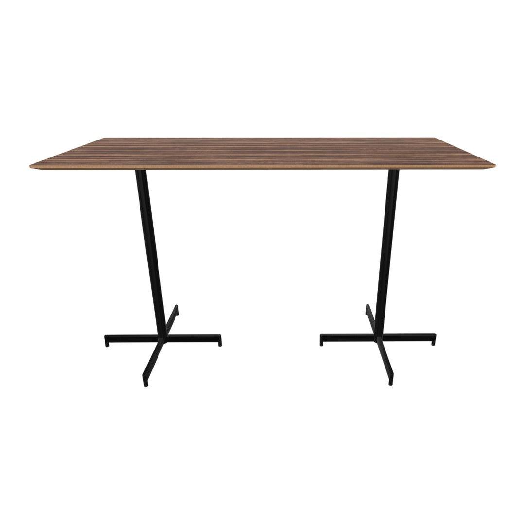 Brown wood grain tabletop with sleek black metal legs. Modern, minimalistic design for contemporary spaces.