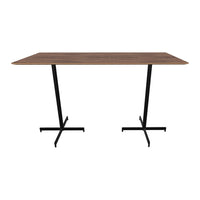 Brown wood grain tabletop with sleek black metal legs. Modern, minimalistic design for contemporary spaces.