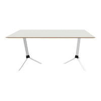 Modern white table with wood grain accents and sleek silver legs, perfect for contemporary spaces.