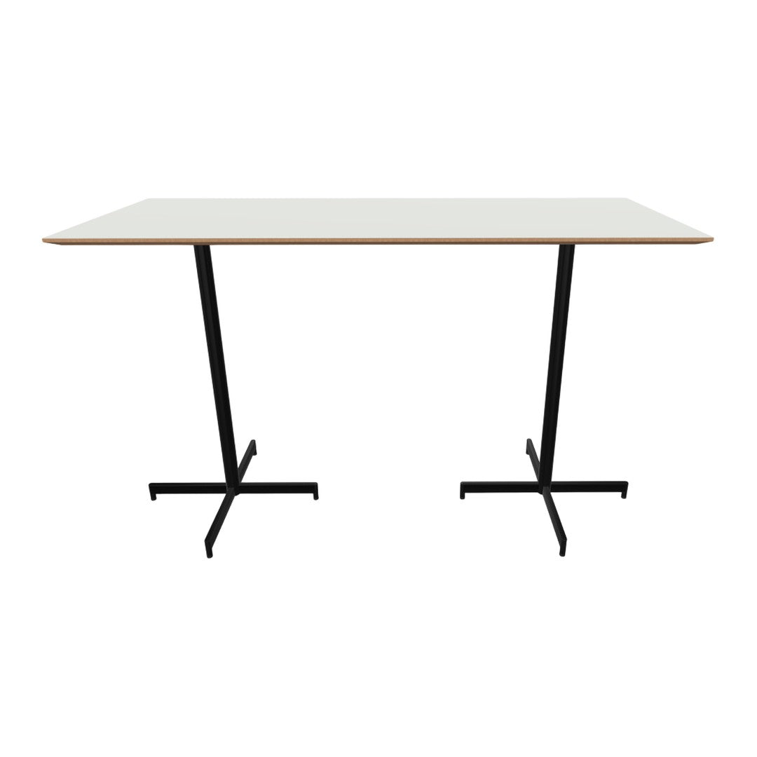Modern white tabletop with sleek black metal legs, perfect for contemporary spaces and minimalist decor.