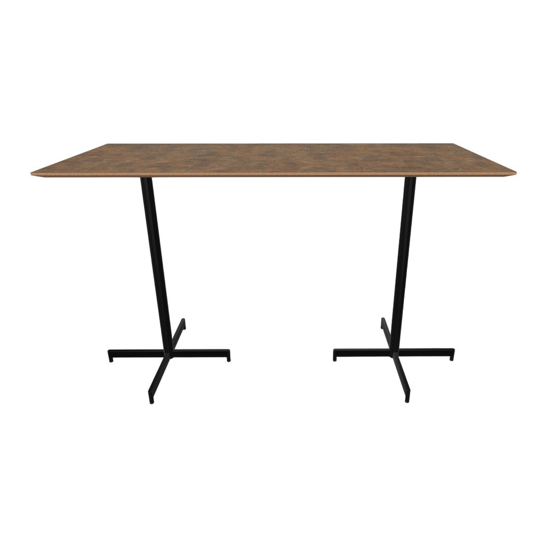 Rectangular table with a wood grain top in warm brown, supported by sleek black metal legs. Modern and stylish design.