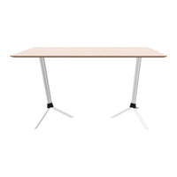 Light wood tabletop with subtle grain, paired with sleek white metal legs and black accents. Modern and minimalistic design.