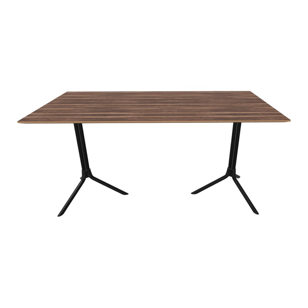 Modern rectangular table featuring a rich wood grain pattern with dark brown stripes and sleek black metal legs.