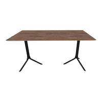 Modern rectangular table featuring a rich wood grain pattern with dark brown stripes and sleek black metal legs.