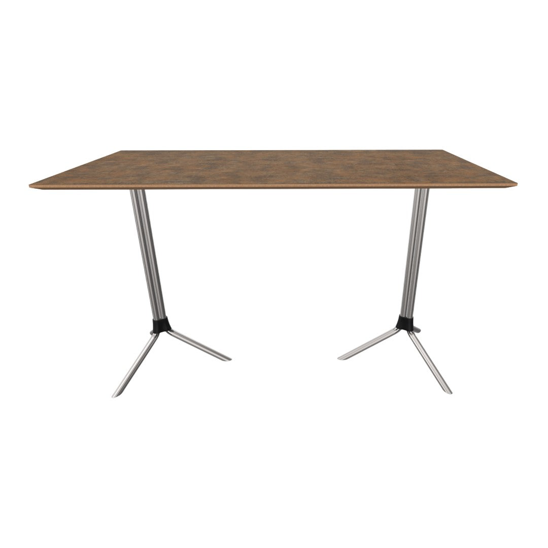 Brown laminate tabletop with a subtle wood grain pattern and sleek silver metal legs. Modern design for versatile decor.