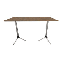 Brown laminate tabletop with a subtle wood grain pattern and sleek silver metal legs. Modern design for versatile decor.