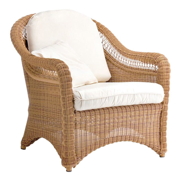 Light brown woven rattan chair with a cream cushion, featuring a classic basketweave pattern.