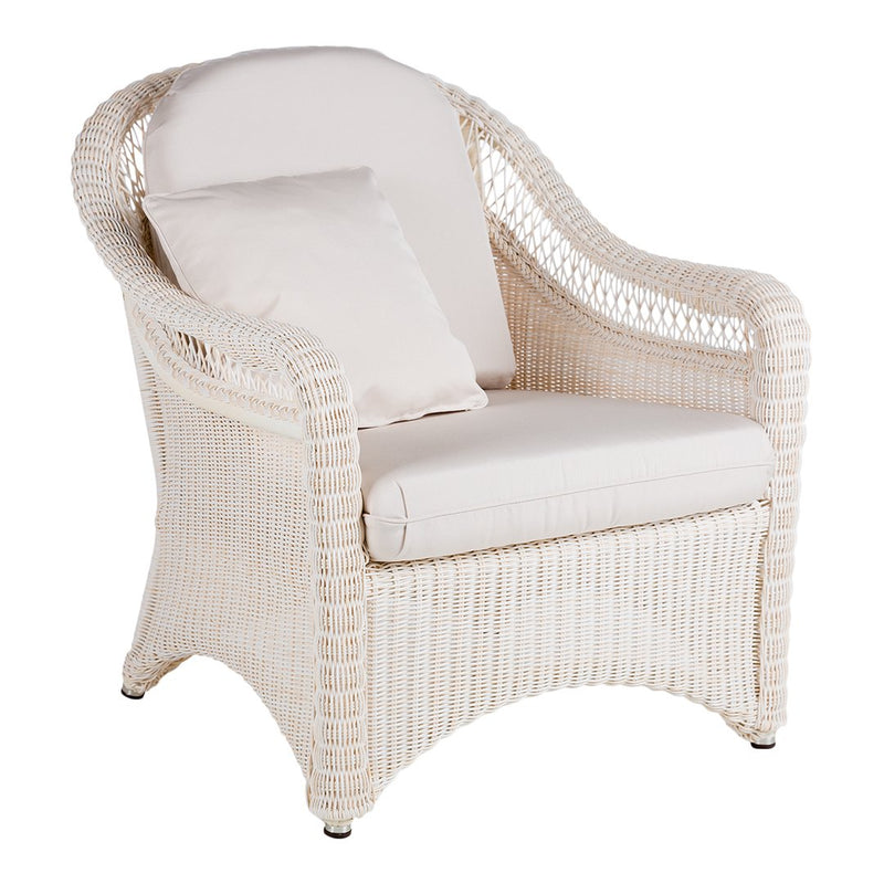 "White wicker chair with soft cream cushions, featuring a smooth, textured pattern and elegant, curved design."