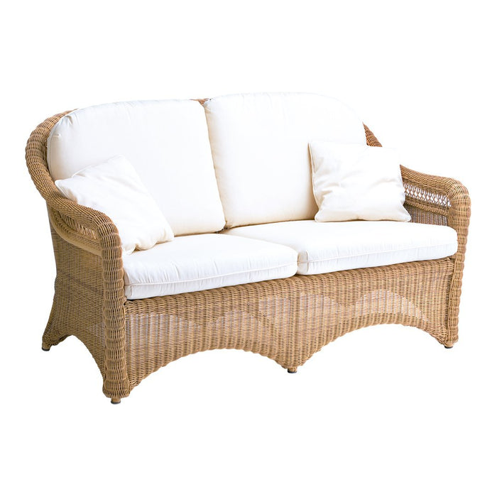 Natural wicker sofa with cream cushions, featuring a classic woven pattern for a cozy outdoor vibe.