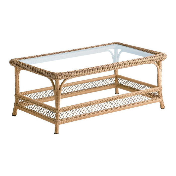 Natural rattan coffee table with a glass top and intricate woven pattern, featuring a light beige color.