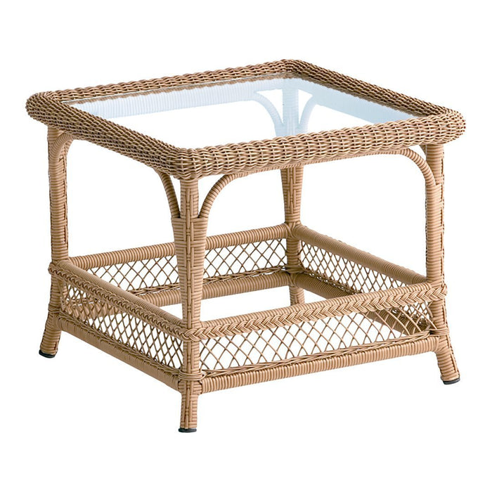 Natural beige woven wicker square table with clear glass top and open lattice design, perfect for home decor.
