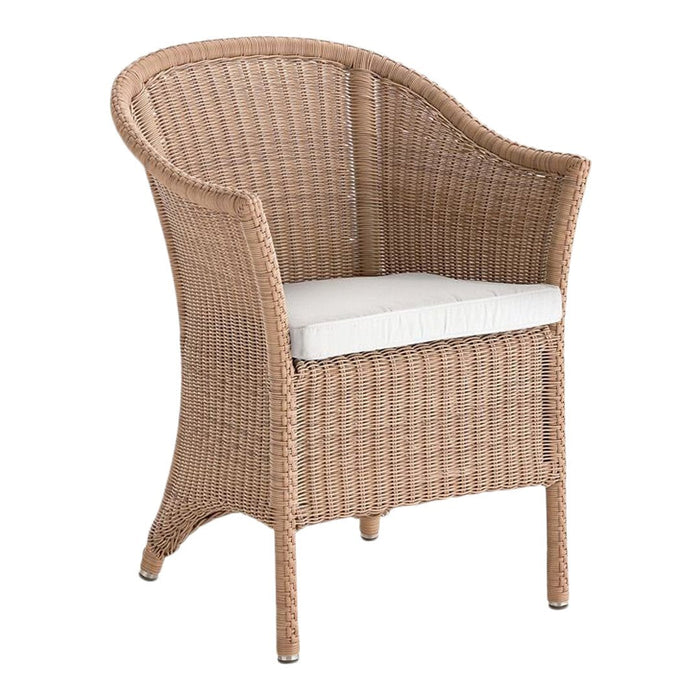 Natural woven rattan chair with light beige cushion, featuring a curved back and elegant, textured pattern.