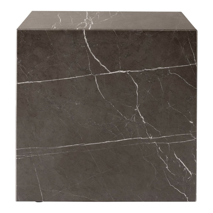 Dark grey marble cube with striking white veining pattern. Elegant and modern design for versatile decor use.