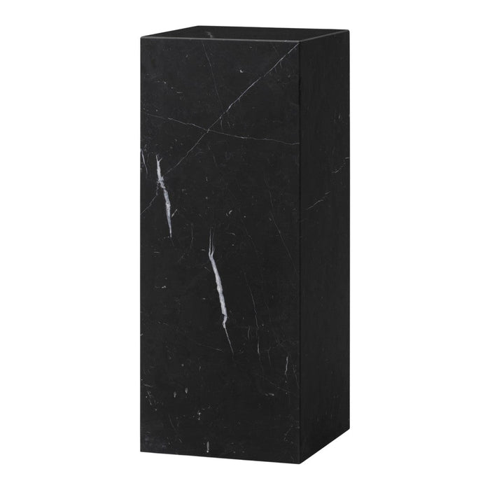 Sleek black marble pedestal with distinctive white veining, perfect for minimalistic decor.