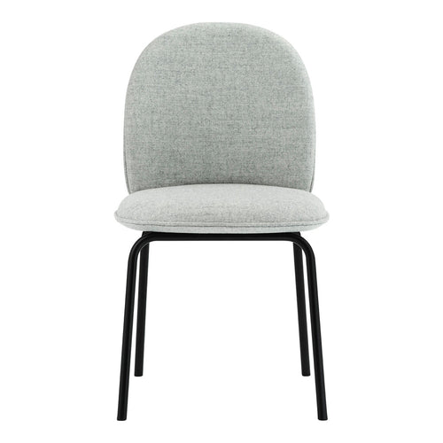 Gray upholstered chair with a smooth texture and minimalist black metal legs. Perfect for modern decor.