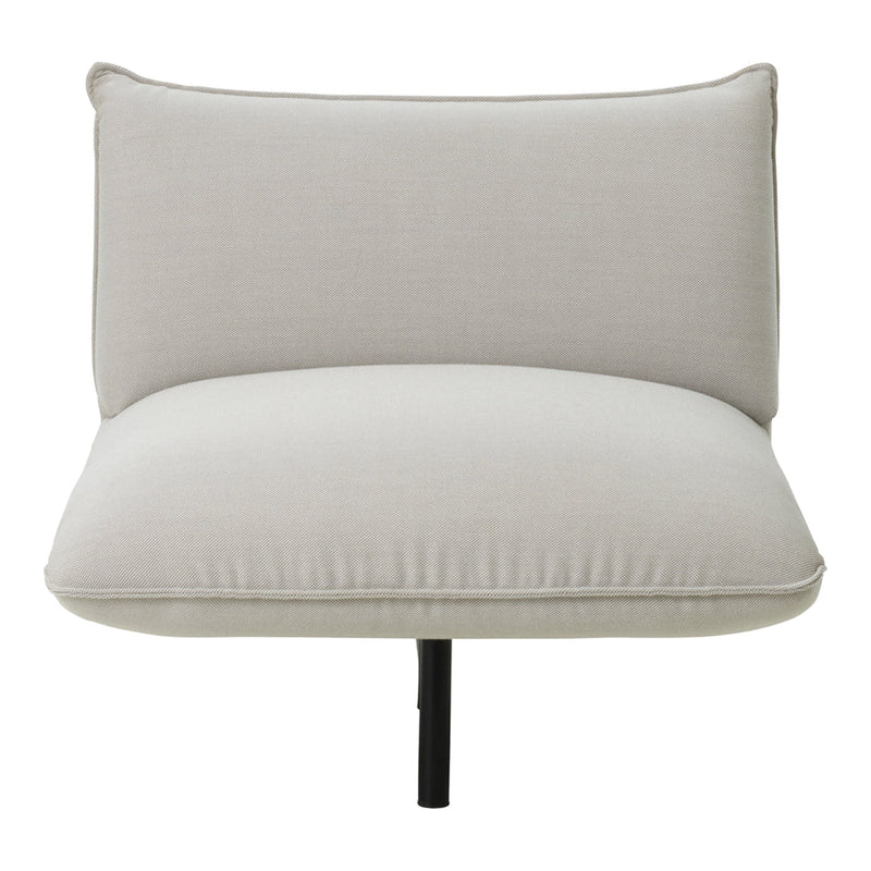 Light grey upholstered chair with a smooth texture and minimalist design, featuring a simple black metal base.