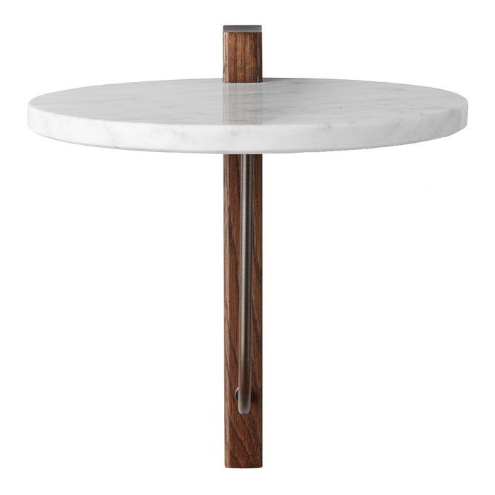 White marble tabletop with a dark wood base, featuring a sleek, minimalist design and smooth, clean lines.