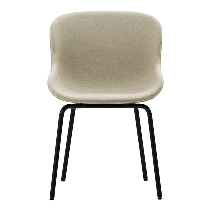 Cream-colored chair with a smooth, curved seat and black metal legs, offering a sleek, modern design.