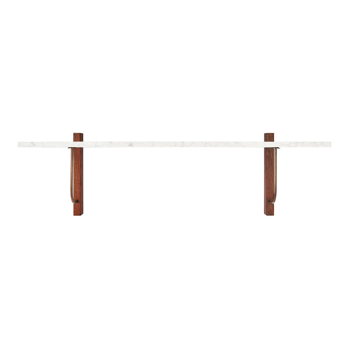 Elegant white marble shelf with rich brown wooden brackets, showcasing a modern and minimalist design.