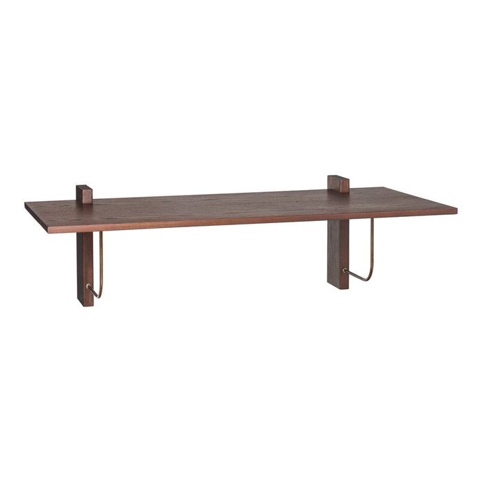 Dark walnut wood wall shelf with sleek, minimalist design and elegant metal brackets, ideal for modern decor.