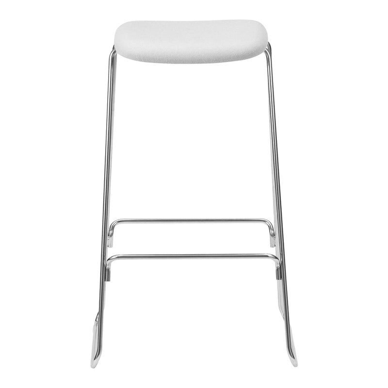 White upholstered bar stool with a sleek chrome frame, featuring a minimalist design and smooth, solid color.