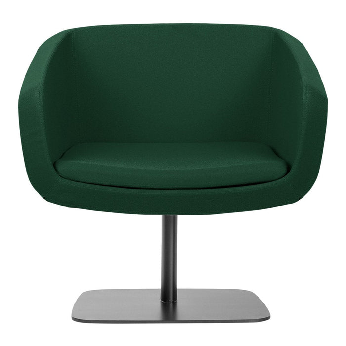 Green upholstered chair with a sleek black base, featuring a modern, minimalist design. Perfect for contemporary spaces.