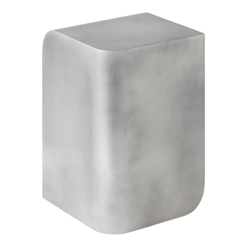 Sleek, polished silver metal stool with a contemporary rounded edge design and smooth surface texture.