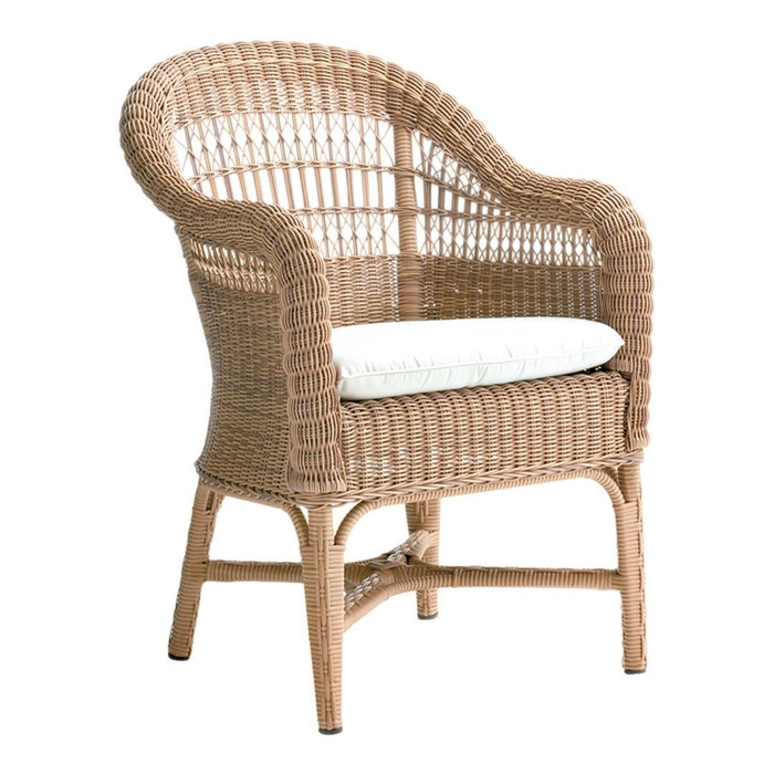 Natural wicker chair in light beige with a white cushion, featuring a classic woven pattern for a cozy look.