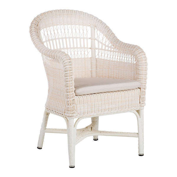 Light beige wicker chair with a rounded design, featuring a soft cushion for added comfort. Ideal for stylish spaces.