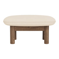Cream upholstered ottoman with a smooth oval shape and wooden legs in a rich brown finish. Perfect for modern decor.