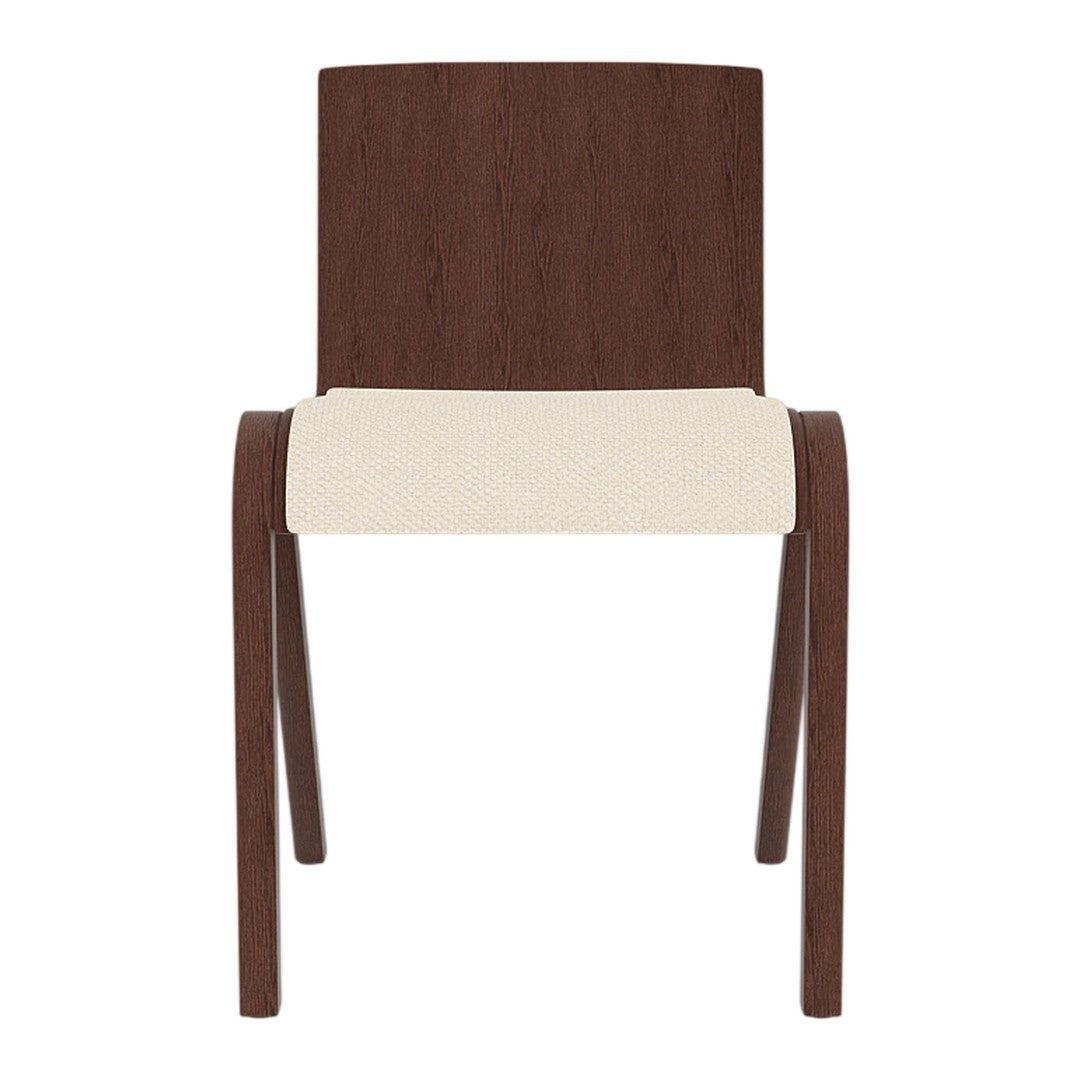 "Simple brown wooden chair with a cream-colored seat, showcasing a modern, minimalist design."