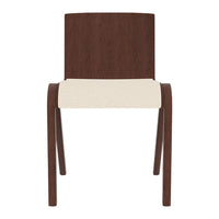 "Simple brown wooden chair with a cream-colored seat, showcasing a modern, minimalist design."