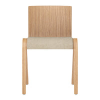 Natural wood chair with a light oak finish and a beige upholstered seat. Simple, modern design with clean lines.